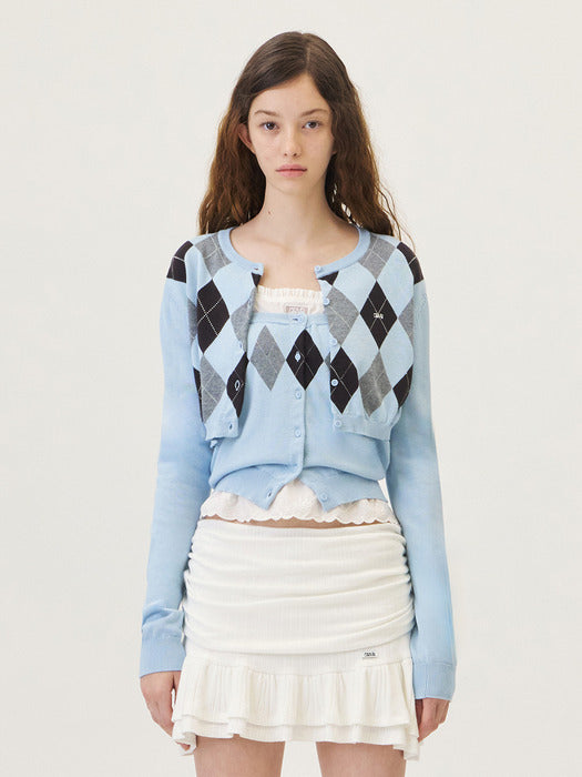 Grove 26Ps Veni Argyle Crop Cardigan (Light Blue)