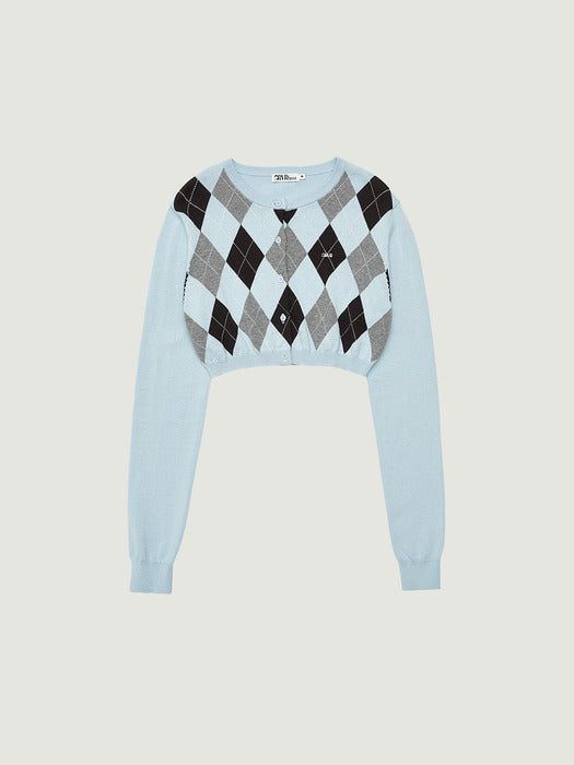 Grove 26Ps Veni Argyle Crop Cardigan (Light Blue)