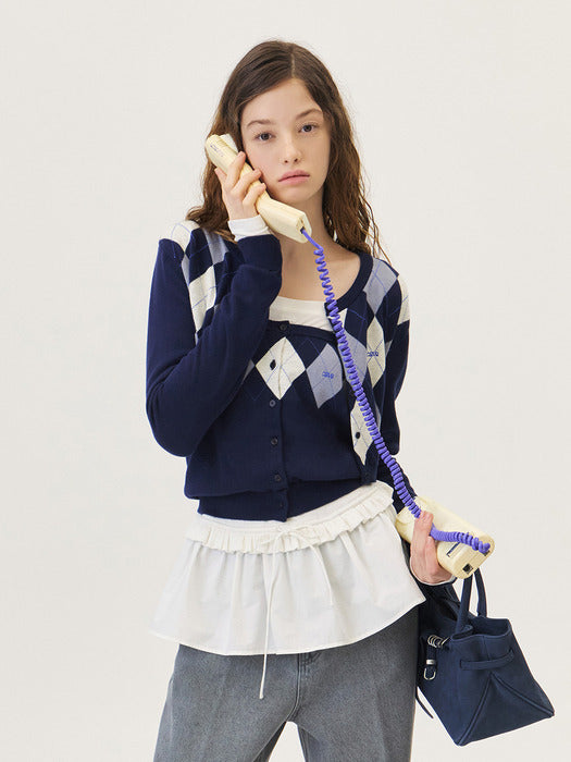 Grove 26Ps Veni Argyle Crop Cardigan (Navy)