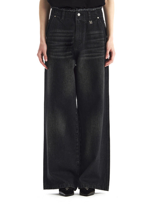 Wconcept_Treemingbird Raw Cut Belt-Line Brushed Denim Pants [ Black ]