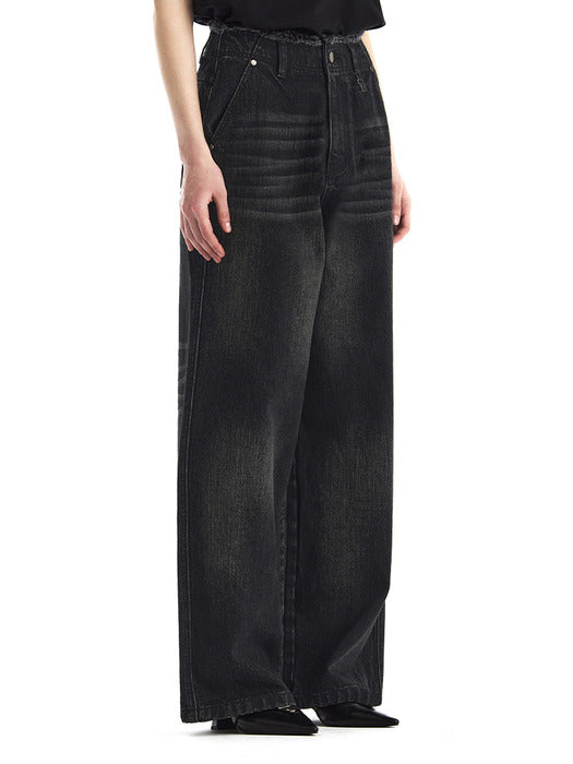 Wconcept_Treemingbird Raw Cut Belt-Line Brushed Denim Pants [ Black ]