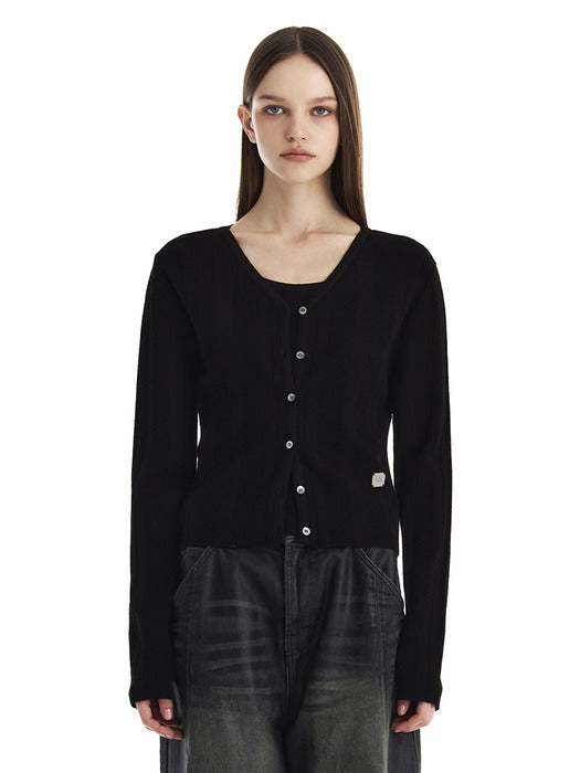 Wconcept_Treemingbird Essential Ribbed V-Neck Knit Cardigan [ Black ]
