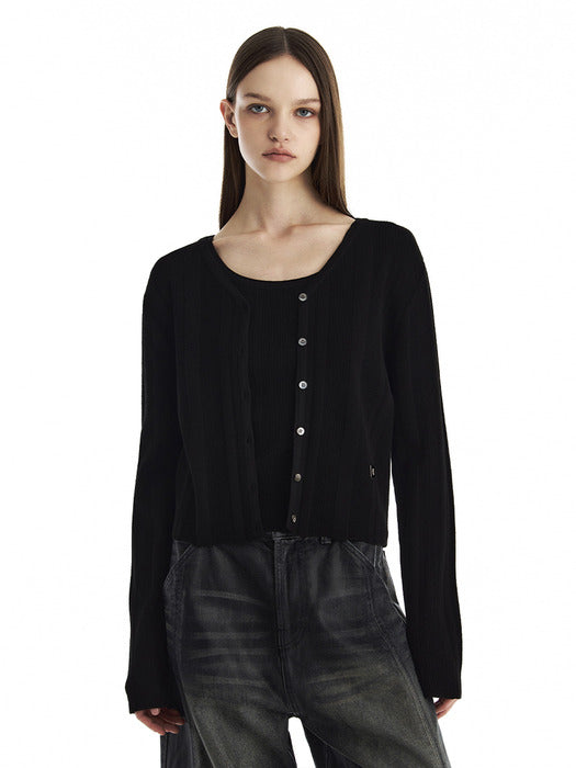 Wconcept_Treemingbird Essential Ribbed V-Neck Knit Cardigan [ Black ]