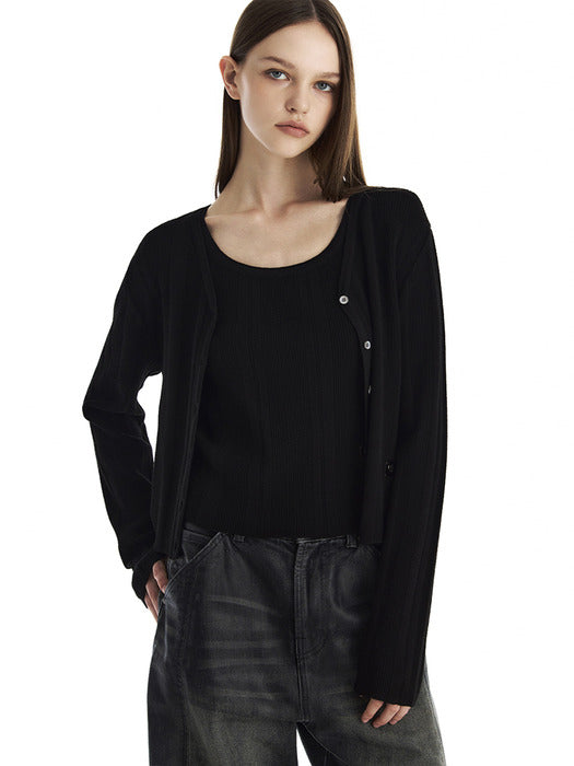 Wconcept_Treemingbird Essential Ribbed V-Neck Knit Cardigan [ Black ]