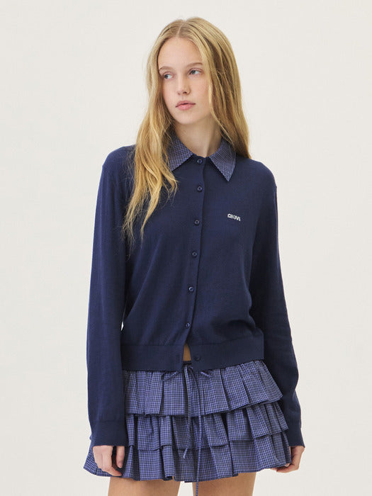 Grove 26Ps Anna Check Collar Cardigan (Navy)