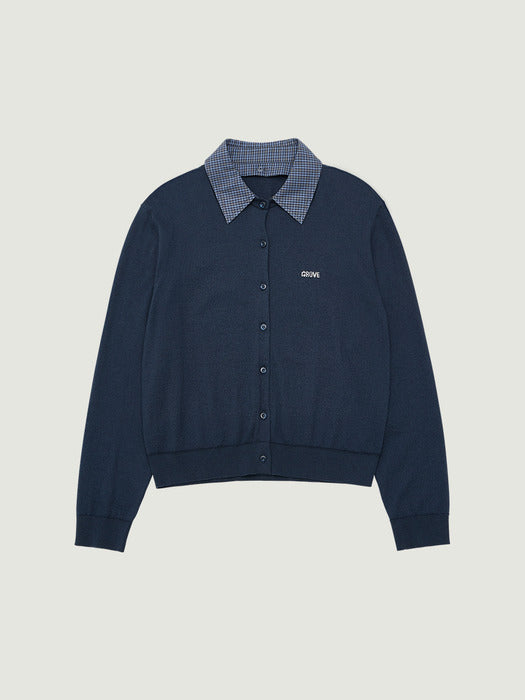 Grove 26Ps Anna Check Collar Cardigan (Navy)