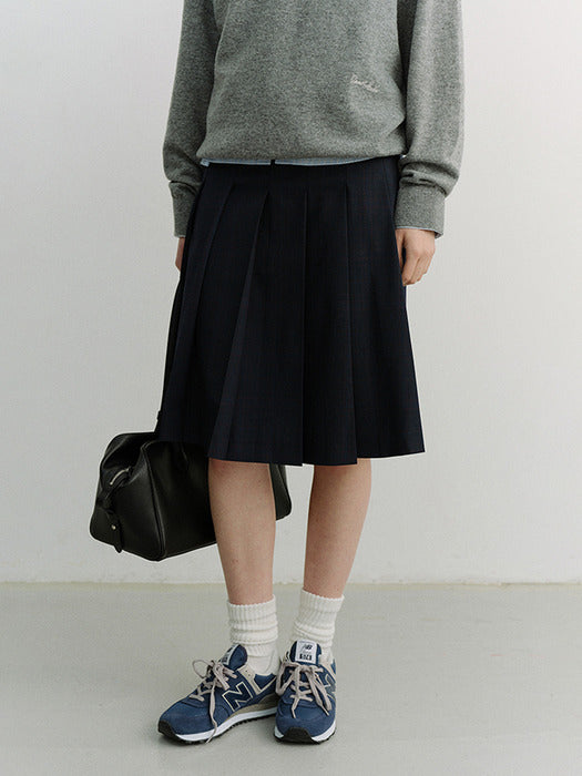 Dunst Pleats Midi Skirt Navy Check