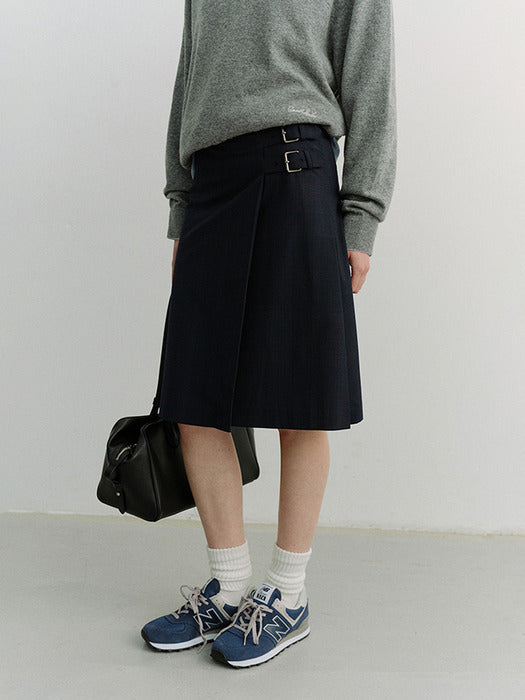 Dunst Pleats Midi Skirt Navy Check