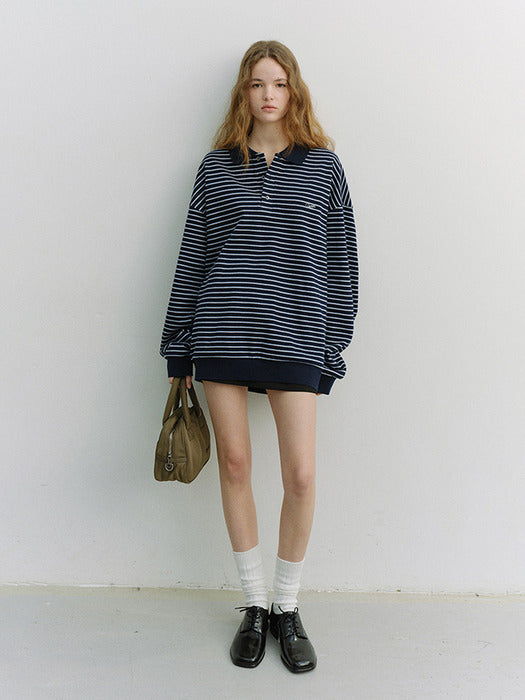 Dunst Unisex Striped Logo Collared T-Shirt Navy
