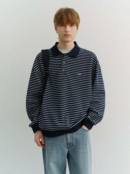 [dunst] Unisex Striped Logo Collared T-Shirt NAVY_UDTS6A120N2