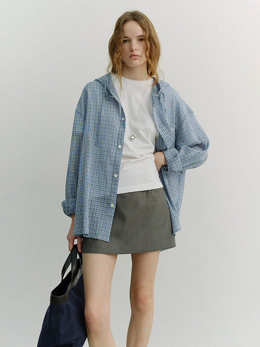 Dunst Unisex Classic Hooded Shirt Soft Blue Check
