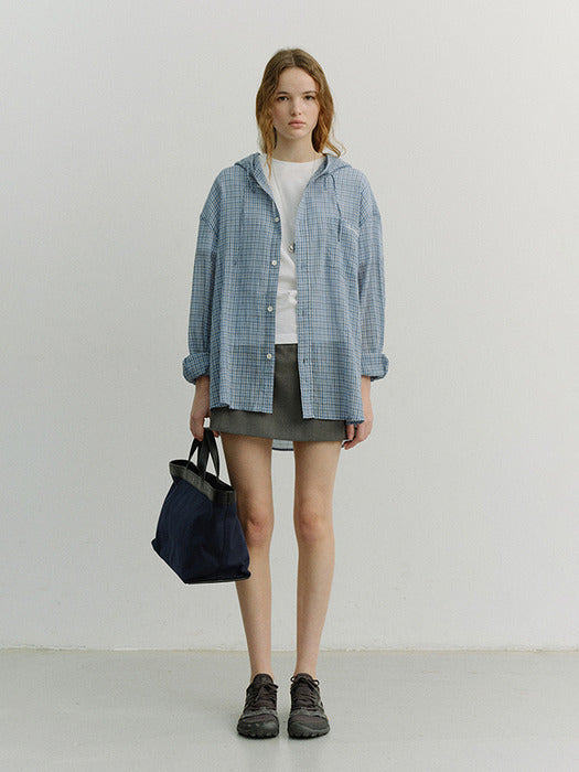 Dunst Unisex Classic Hooded Shirt Soft Blue Check