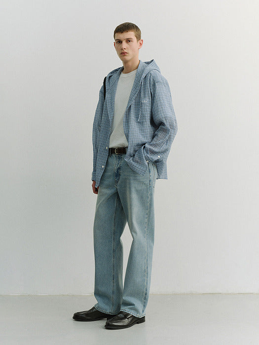 Dunst Unisex Classic Hooded Shirt Soft Blue Check