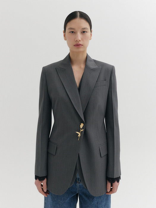 Eenk Brooch Lace Trim Blazer - Gray