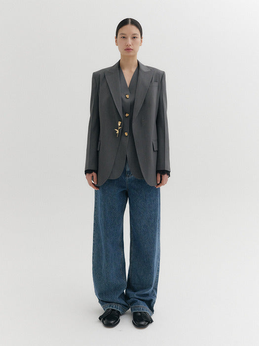 Eenk Brooch Lace Trim Blazer - Gray