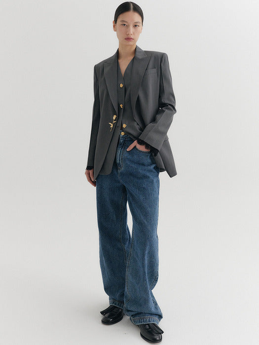 Eenk Brooch Lace Trim Blazer - Gray