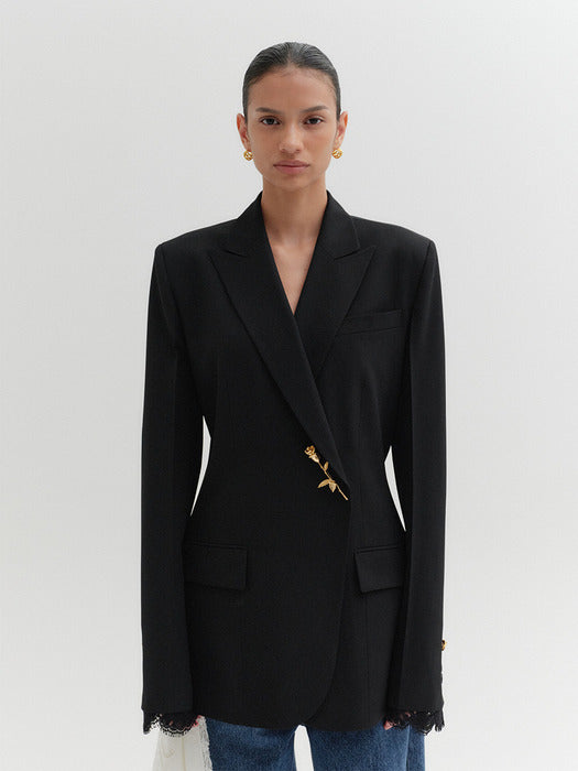 Eenk Brooch Lace Trim Blazer - Black