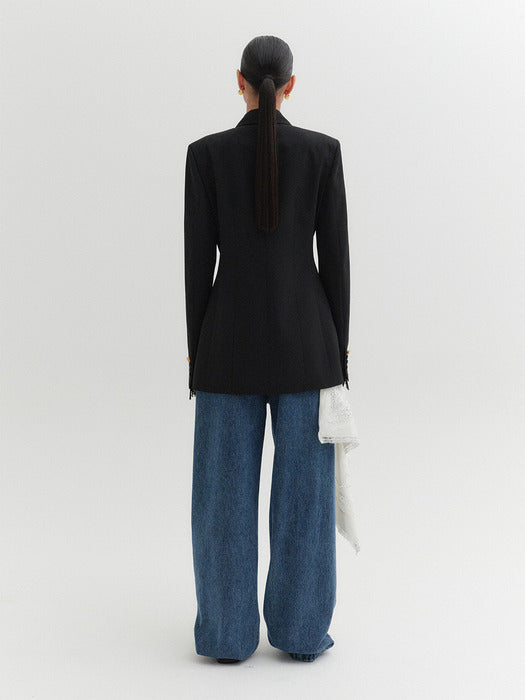 Eenk Brooch Lace Trim Blazer - Black