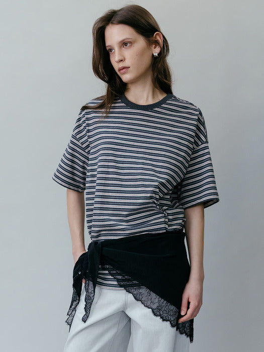 Loeuvre Irregular Tucked Stripe Half-Sleeve T-Shirt