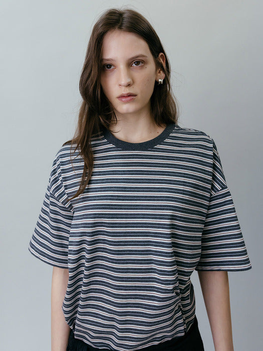 Loeuvre Irregular Tucked Stripe Half-Sleeve T-Shirt