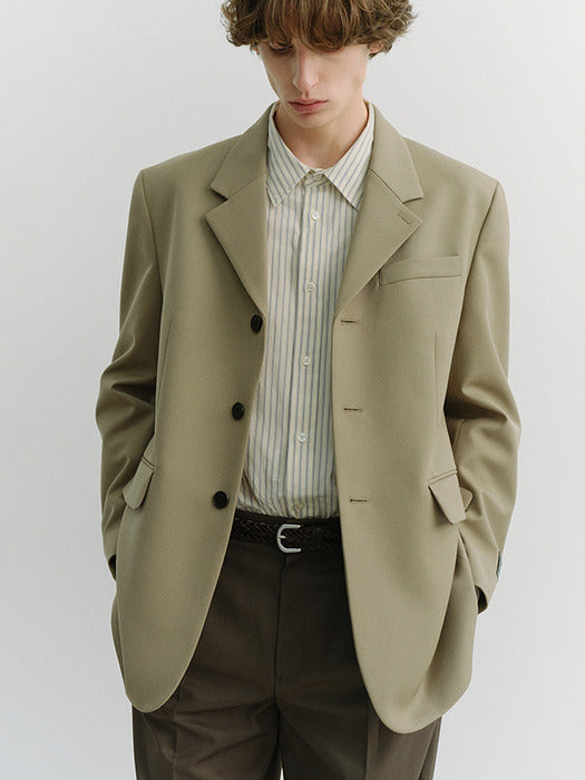 [dunst] UNISEX 3 BUTTON WOOL BLAZER KHAKI BEIGE_UDJA6A103I3