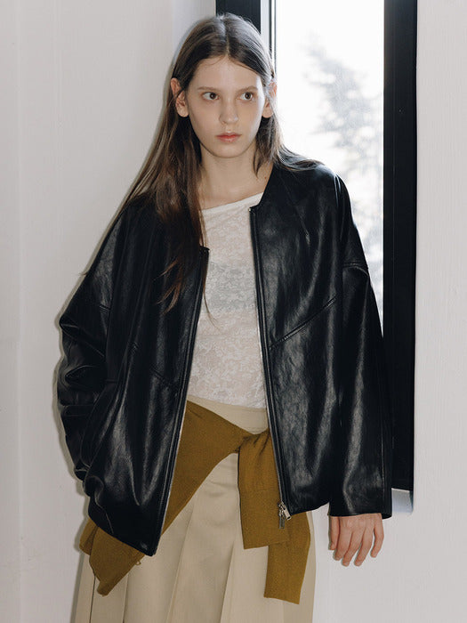 Loeuvre V-neck Faux Leather Blouson Jacket