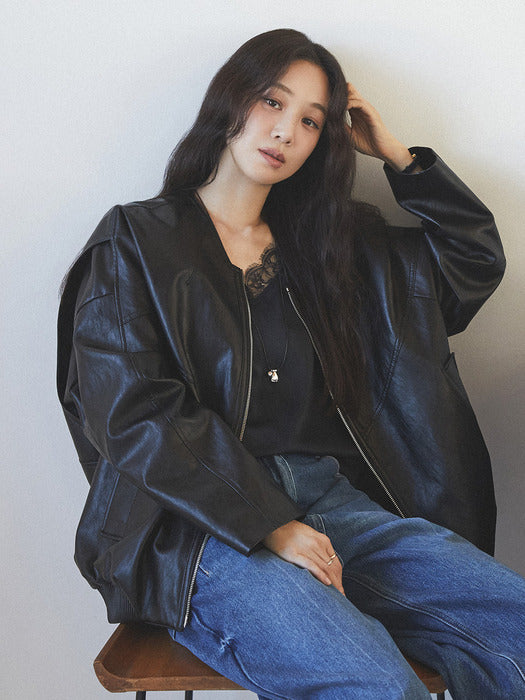 Loeuvre V-neck Faux Leather Blouson Jacket