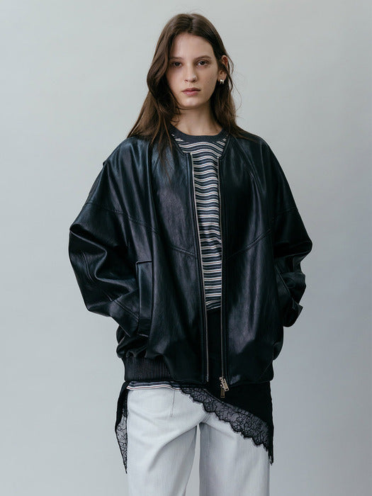 Loeuvre V-neck Faux Leather Blouson Jacket