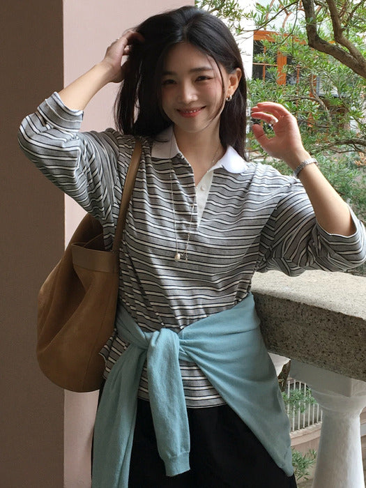 [TILLIDIE] Stripe Collar Point T-Shirt [TISP05LT07] _Melange Gray