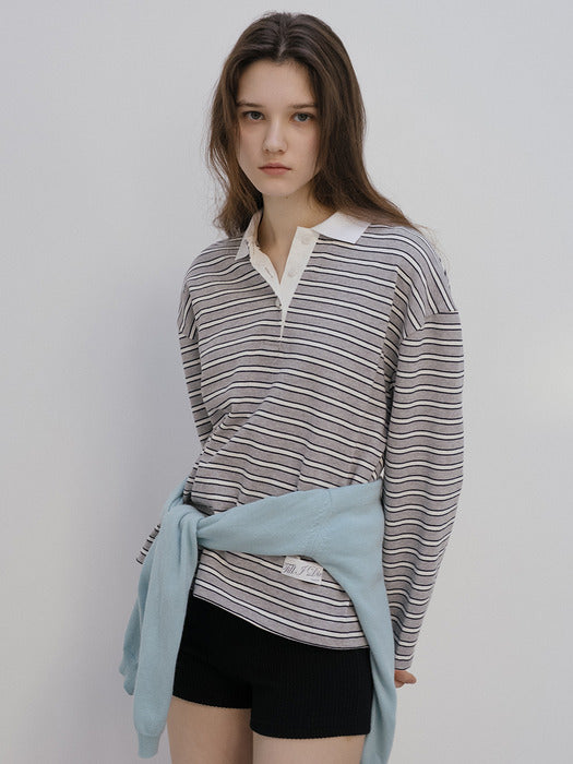 [TILLIDIE] Stripe Collar Point T-Shirt [TISP05LT07] _Melange Gray