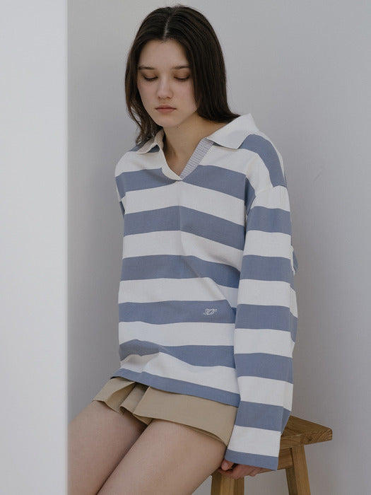 Tillidie Stripe check detail t-shirt Blue