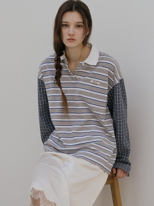 Tillidie Stripe check mix t-shirt Gray