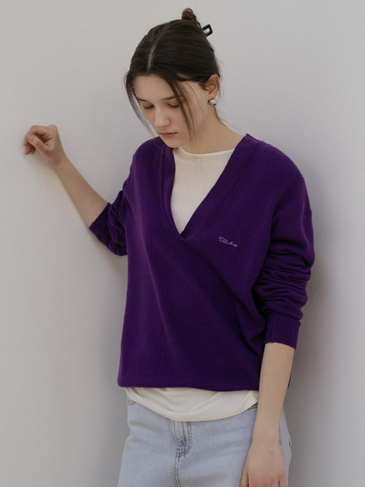 Tillidie V-neck wool blended knit Purple