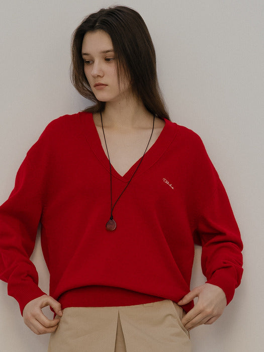 Tillidie V-neck wool blended knit Red
