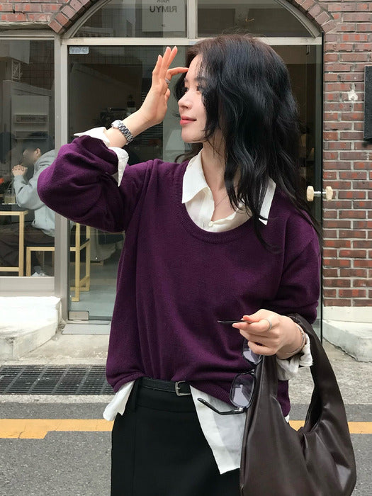 Tillidie Deep u-neck basic knit Grape