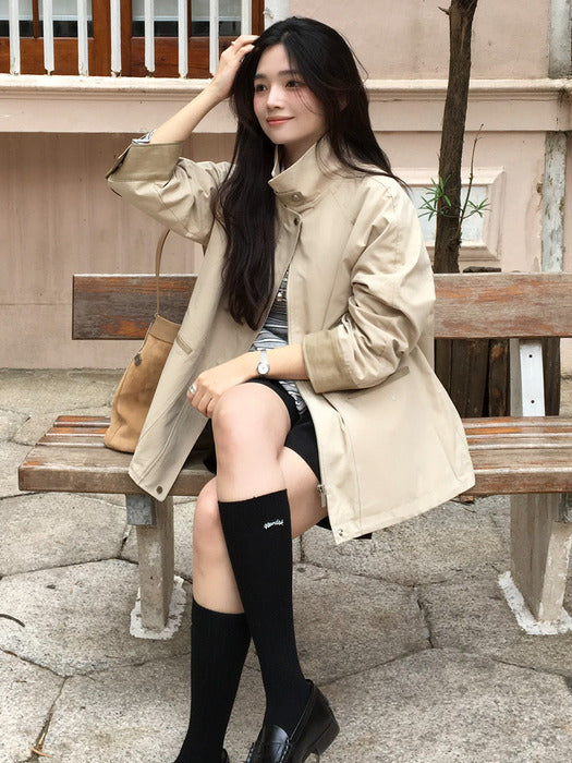 Tillidie High-neck leather point work jacket Beige