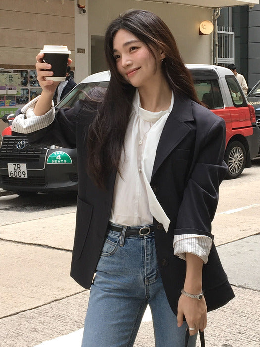 [TILLIDIE] Stripe Cuff 3-Button Blazer [TISP05JK03] - Navy