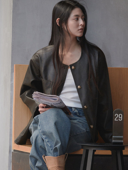 Tillidie Raw washing leather jacket Brown