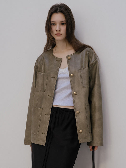 Tillidie Raw washing leather jacket Khaki