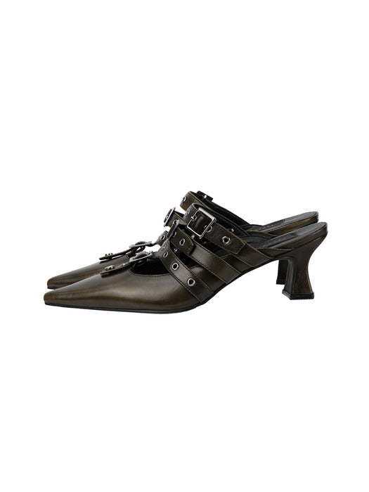 Wconcept_Treemingbird Eyelet Buckle Mules [ Brown ]