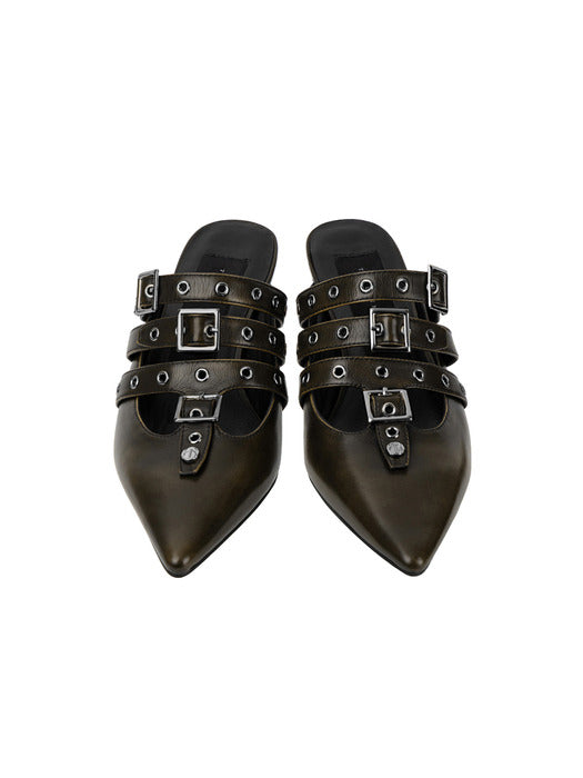 Wconcept_Treemingbird Eyelet Buckle Mules [ Brown ]