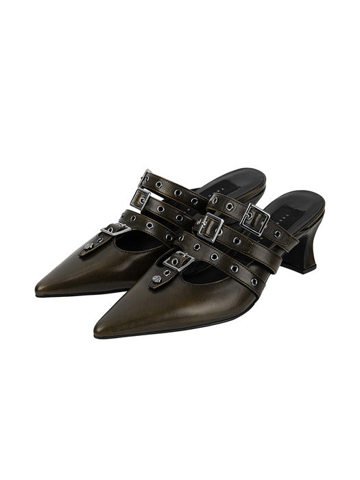 Wconcept_Treemingbird Eyelet Buckle Mules [ Brown ]