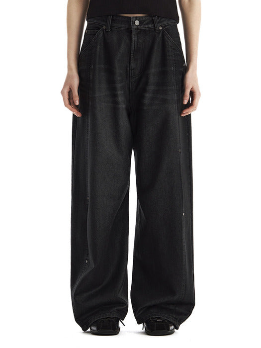 Wconcept_Treemingbird Rivet Slit Coated Denim Pants [ Black ]