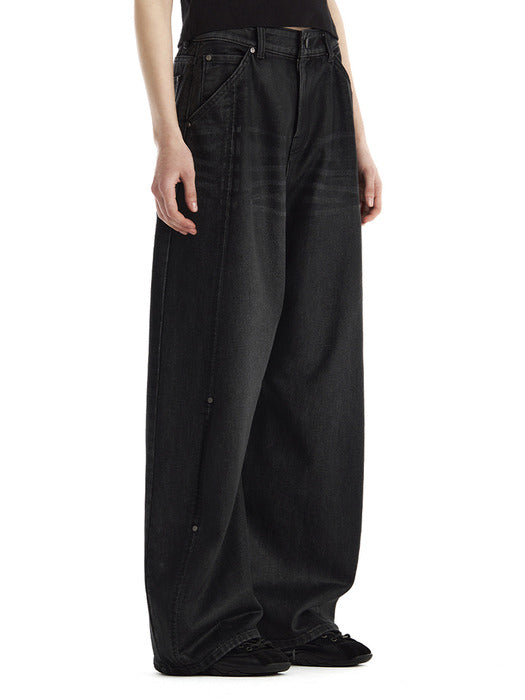 Wconcept_Treemingbird Rivet Slit Coated Denim Pants [ Black ]