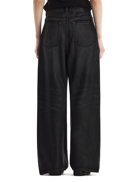 Wconcept_Treemingbird Rivet Slit Coated Denim Pants [ Black ]