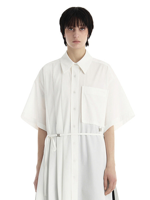 Wconcept_Treemingbird Pleated Daddy Fit Short Sleeve Shirt [ White ]