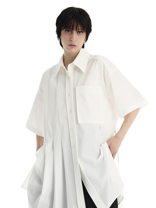 Wconcept_Treemingbird Pleated Daddy Fit Short Sleeve Shirt [ White ]