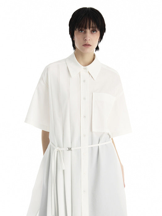 Wconcept_Treemingbird Pleated Daddy Fit Short Sleeve Shirt [ White ]