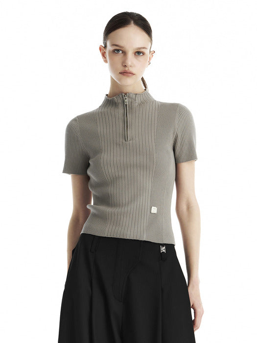 Wconcept_Treemingbird Ribbed Half-Zip Knit Top [ Gray ]