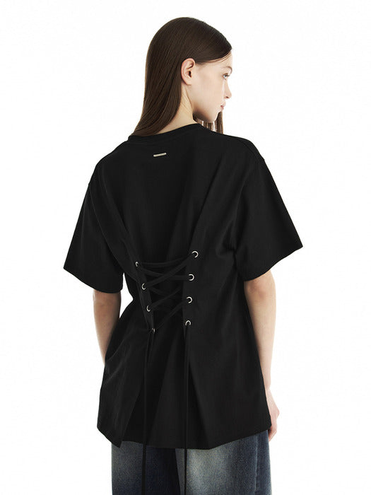 Wconcept_Treemingbird Back Lace-Up Corset T-Shirt [ Black ]